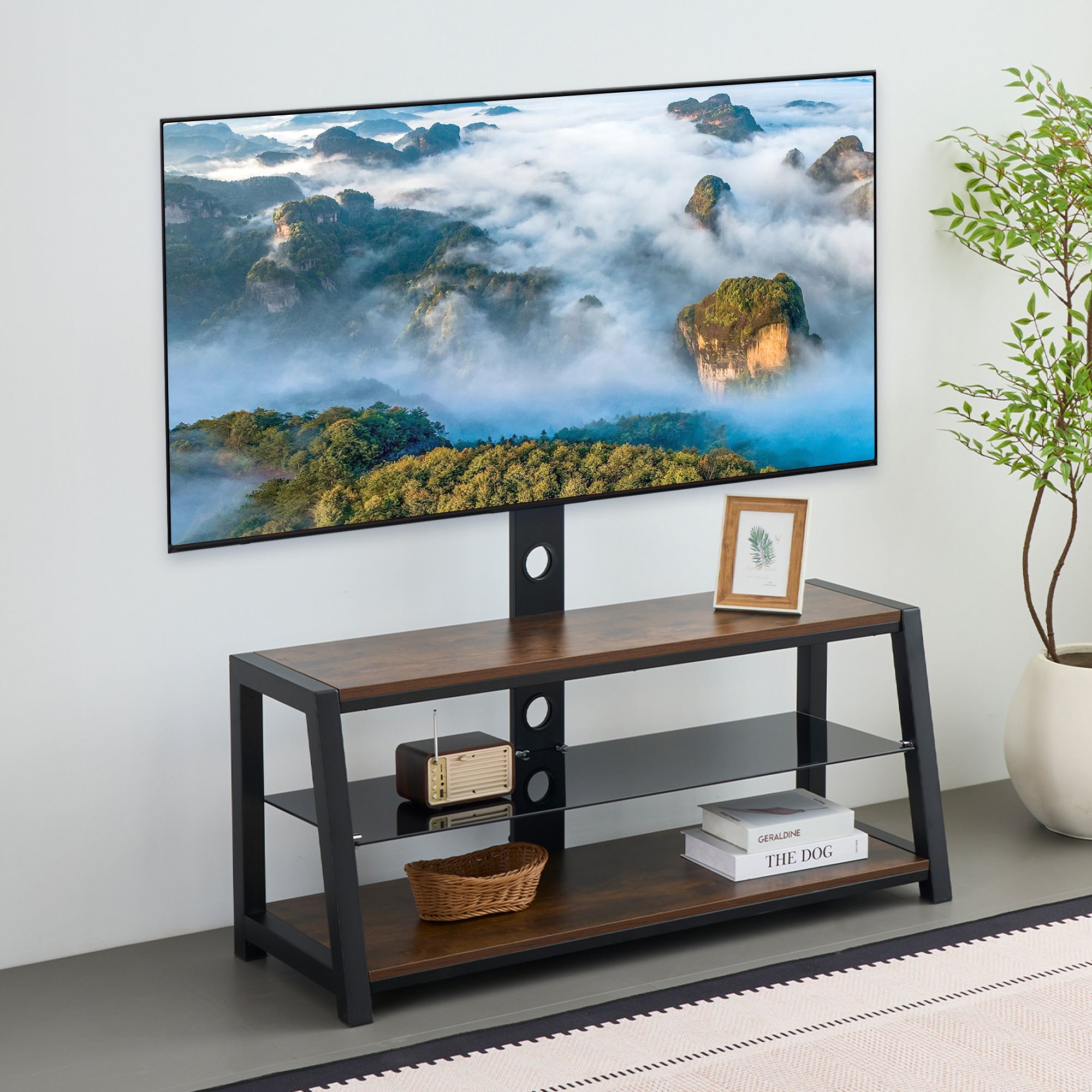 Wooden Storage TV Stand Black Tempered Glass Height Adjustable Universal Swivel Entertainment Center With Mount TV Stand, Rustic Browm