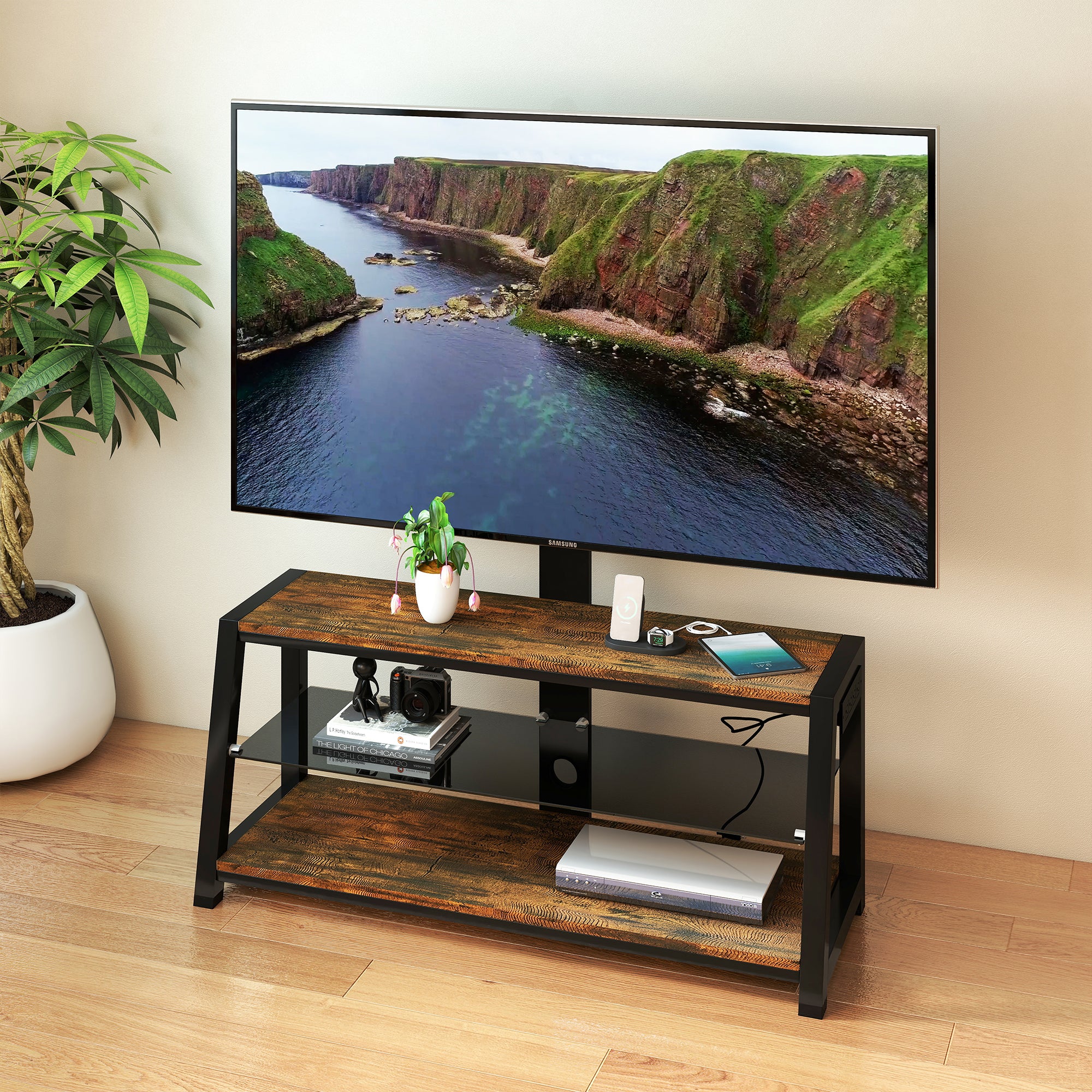 Wooden Storage TV Stand Black Tempered Glass Height Adjustable Universal Swivel Entertainment Center With Mount TV Stand, Rustic Browm