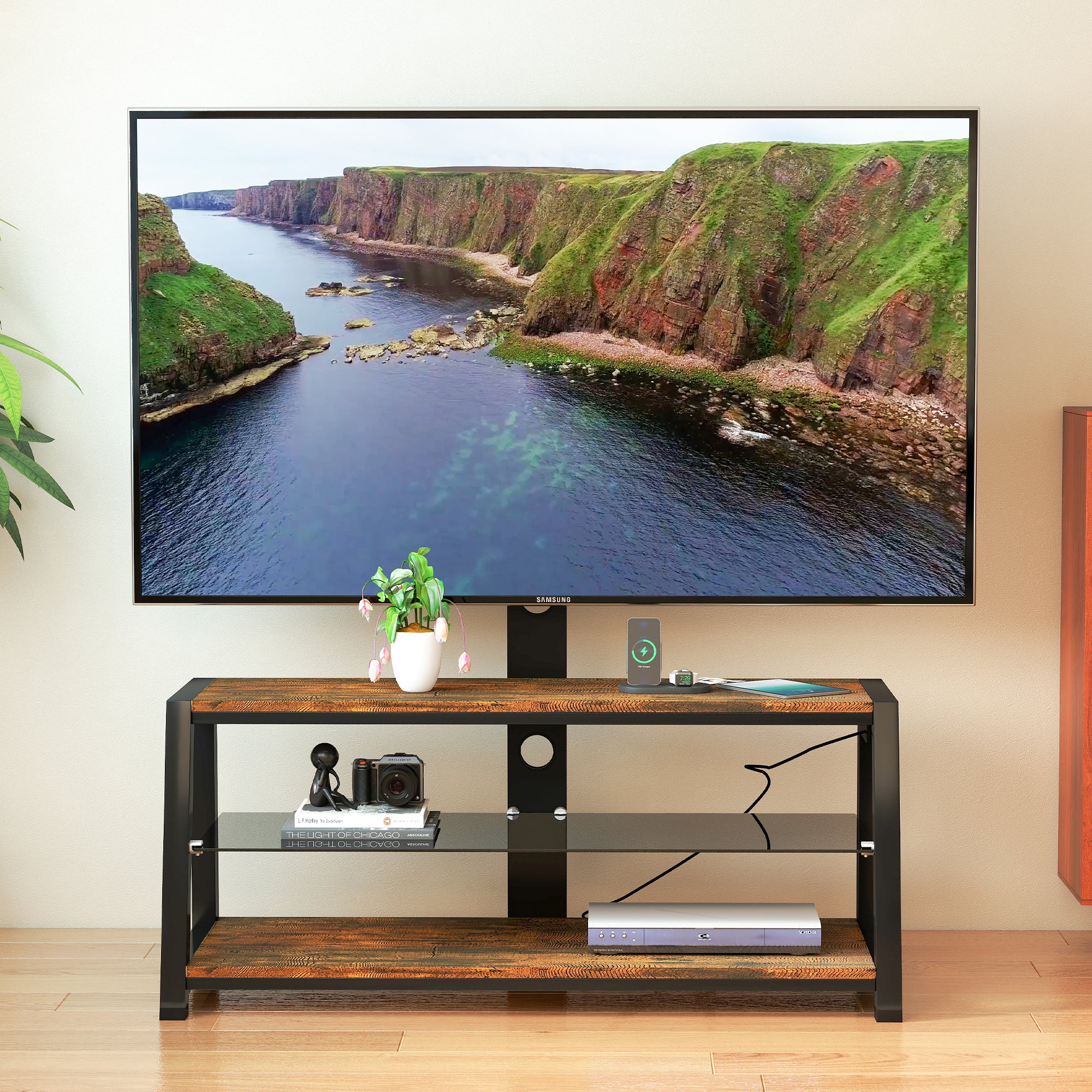 Wooden Storage TV Stand Black Tempered Glass Height Adjustable Universal Swivel Entertainment Center With Mount TV Stand, Rustic Browm