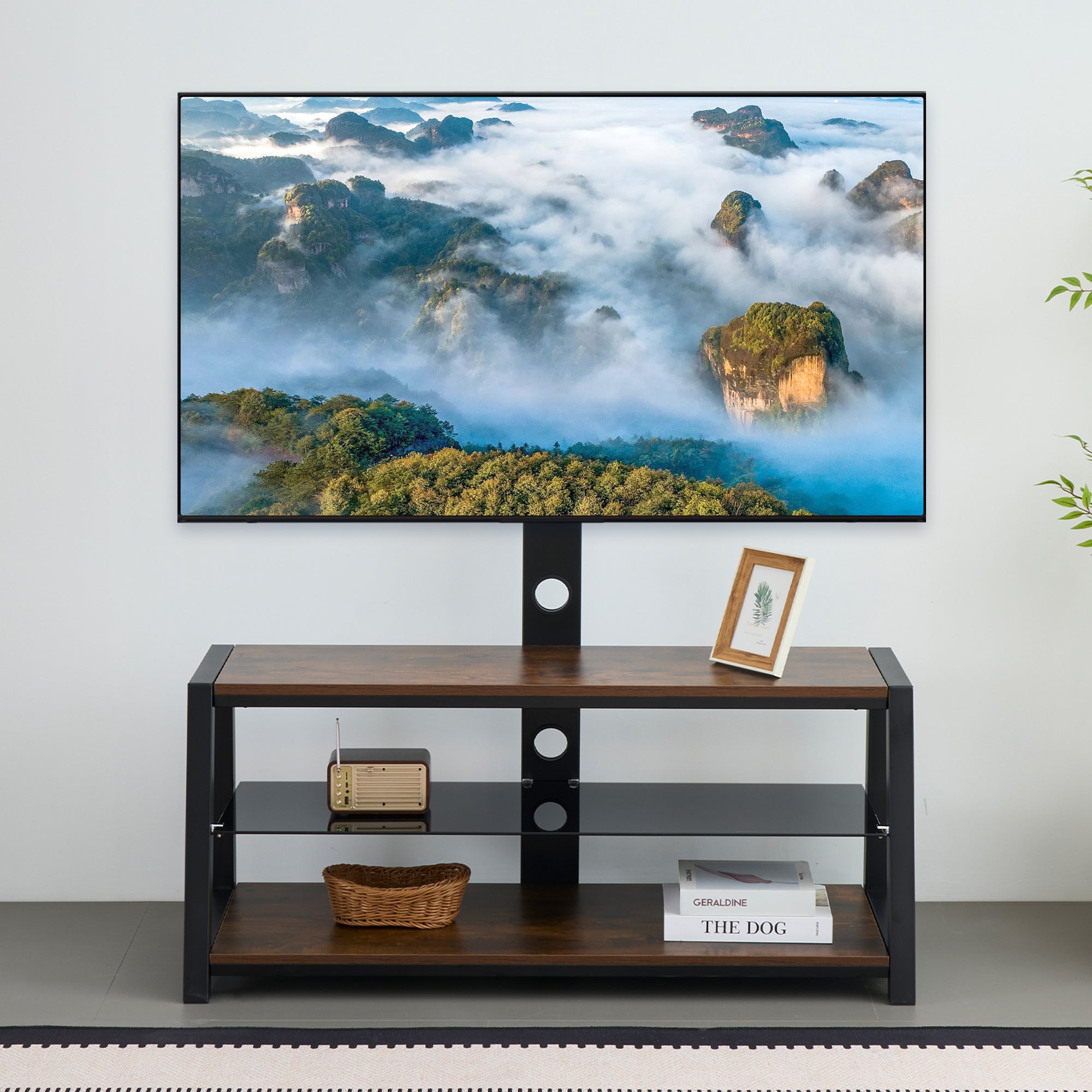 Wooden Storage TV Stand Black Tempered Glass Height Adjustable Universal Swivel Entertainment Center With Mount TV Stand, Rustic Browm
